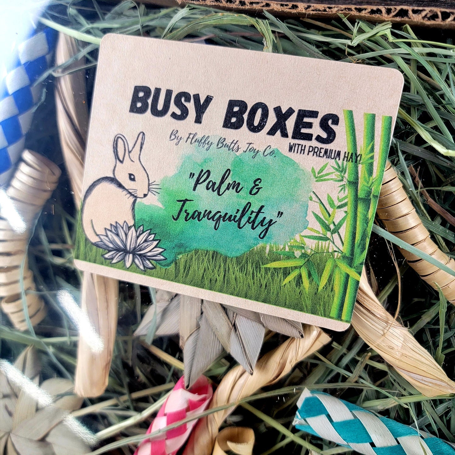 Busy Box #8 (With Hay!) "Palm and Tranquility" - Activity Box for Chinchillas, Bunnies, Rabbits, Guinea Pigs, Rats & Other Critters