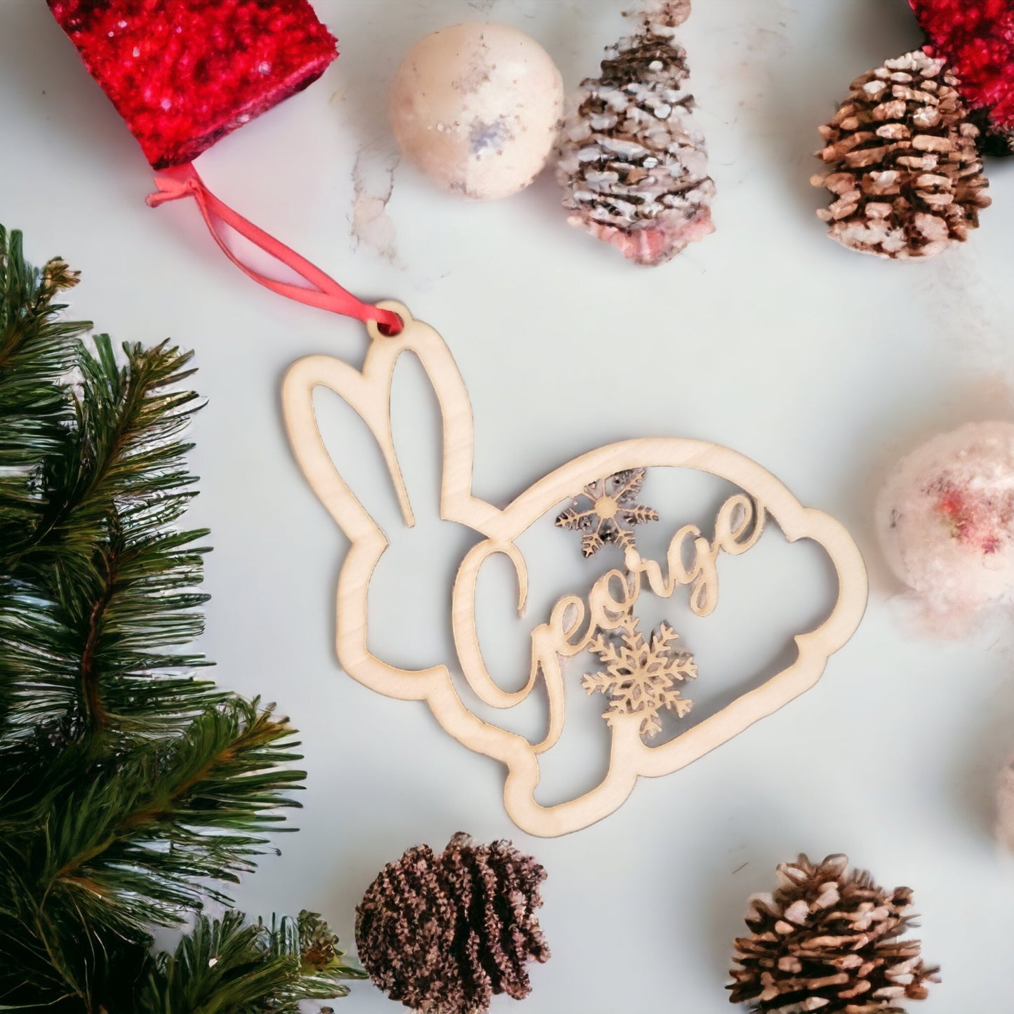 Personalized Bunny Christmas Ornament - Custom Wood Pet Rabbit Ornament